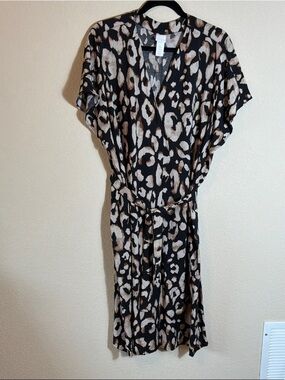 Black and Taupe Leopard Print Wrap Dress